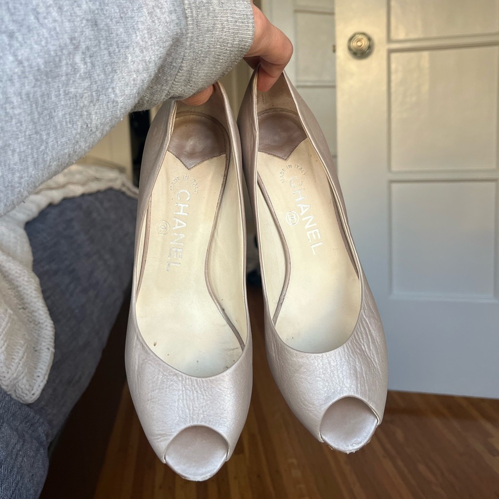 Chanel Women's Tan Peep-Toe Heels